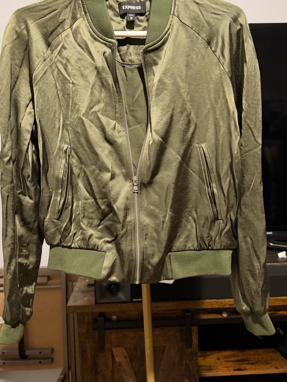 Express Olive Green Satin Bomber Jacket